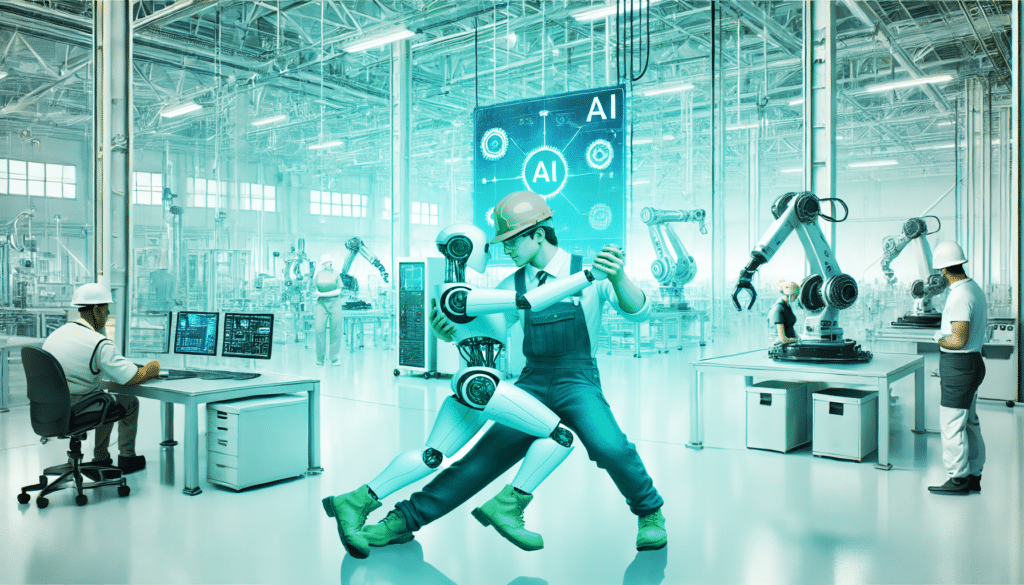 Human worker dancing with a robot on a manufacturing shopfloor, symbolizing collaboration between humans and AI.