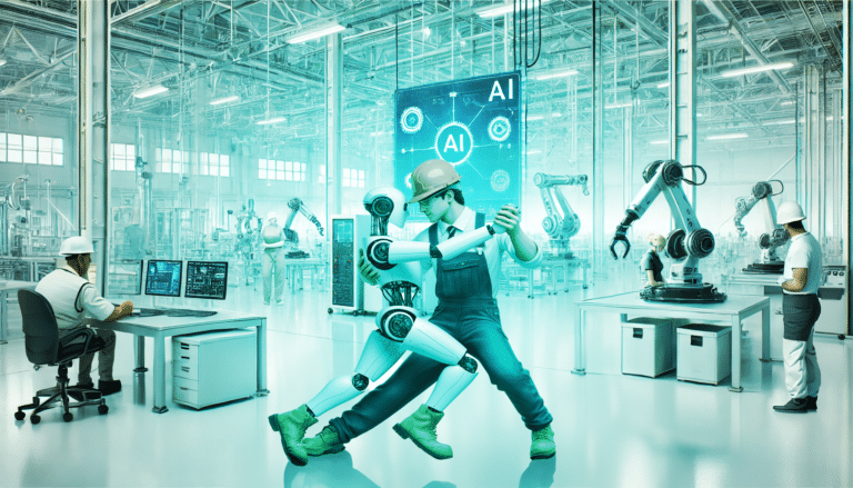 Human worker dancing with a robot on a manufacturing shopfloor, symbolizing collaboration between humans and AI.