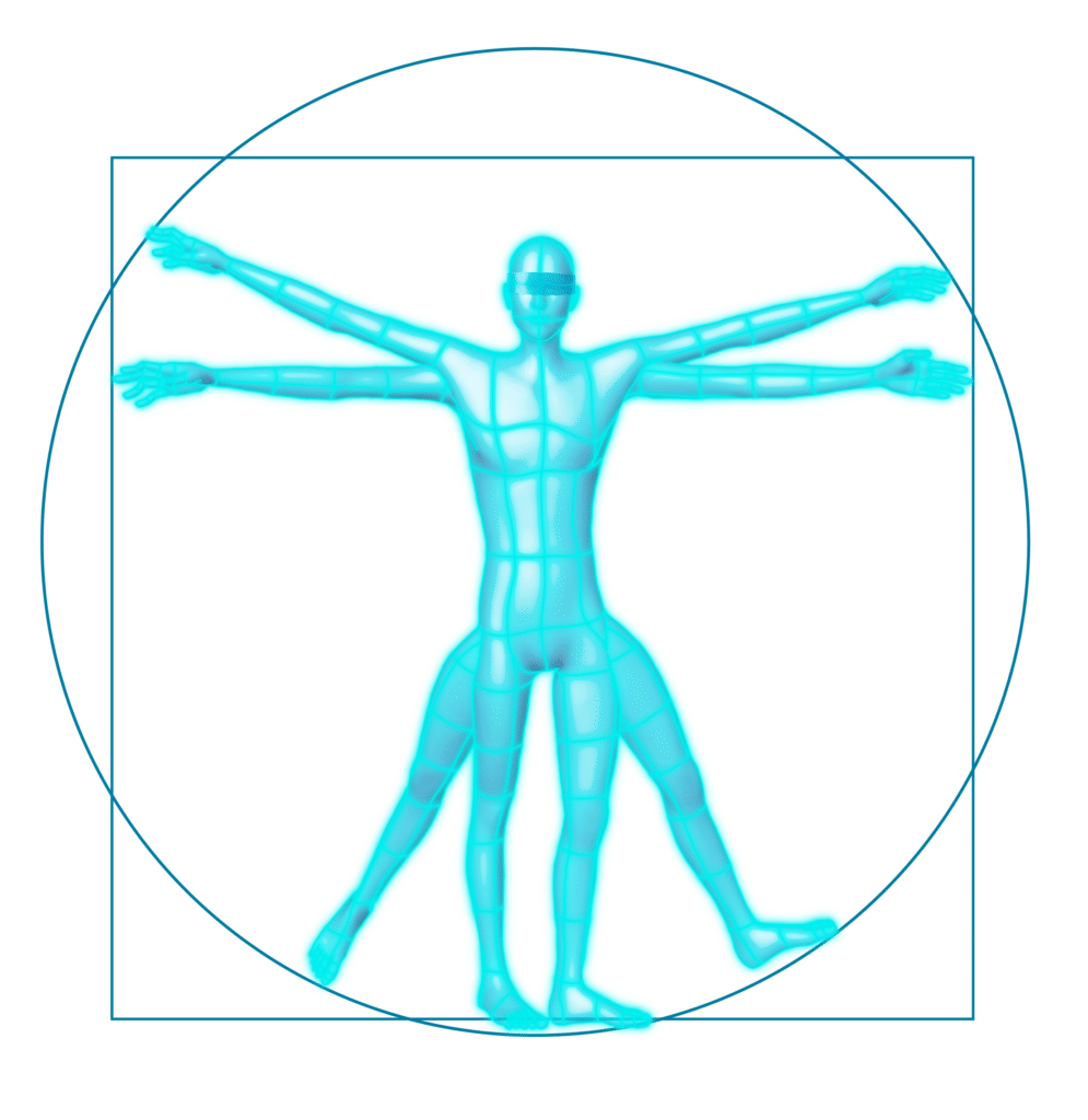 Vitruvian eTakumi symbolizing human-AI collaboration, with glowing, gridded light representing worker mastery and AI support.