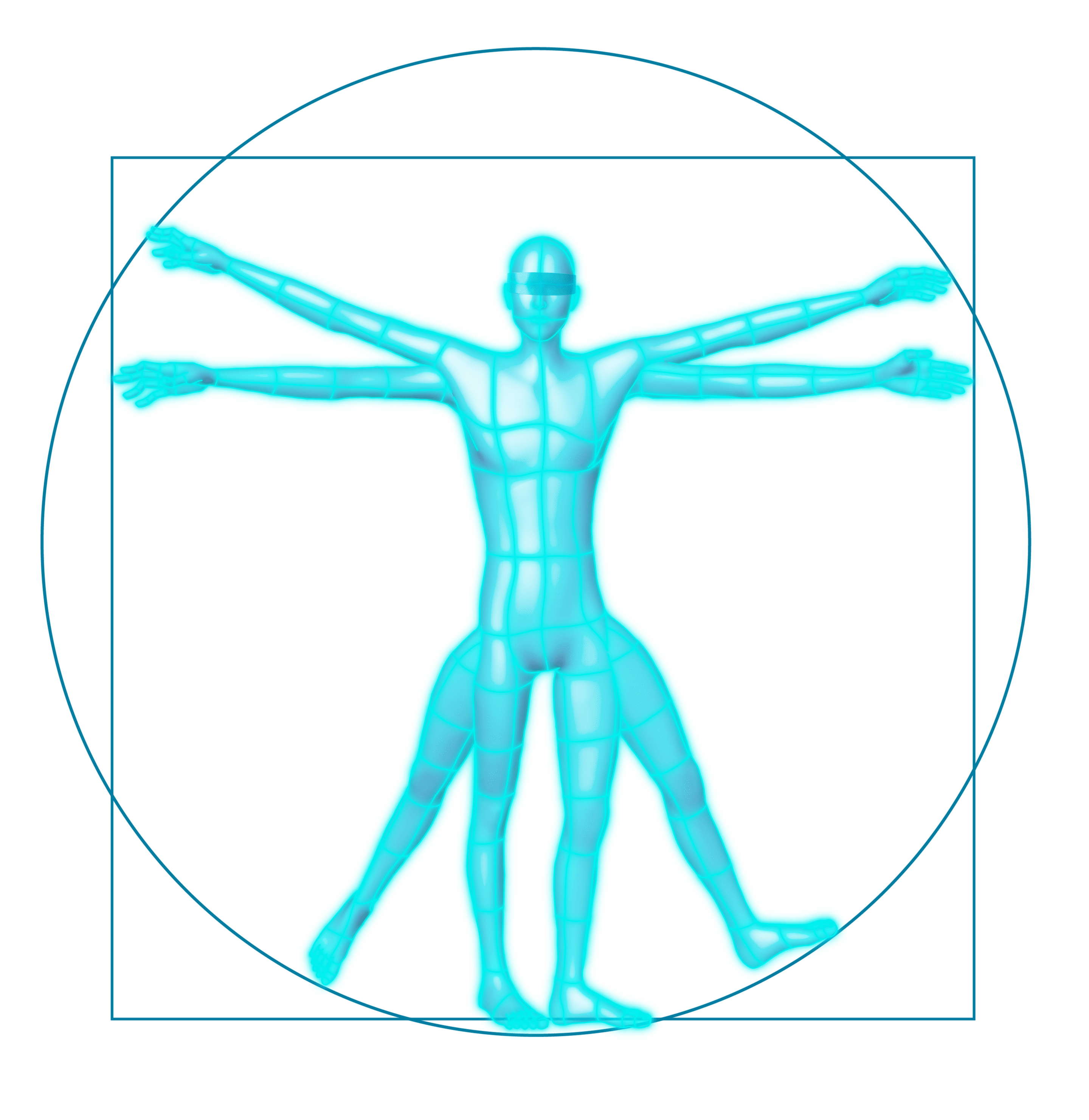 Vitruvian eTakumi symbolizing human-AI collaboration, with glowing, gridded light representing worker mastery and AI support.